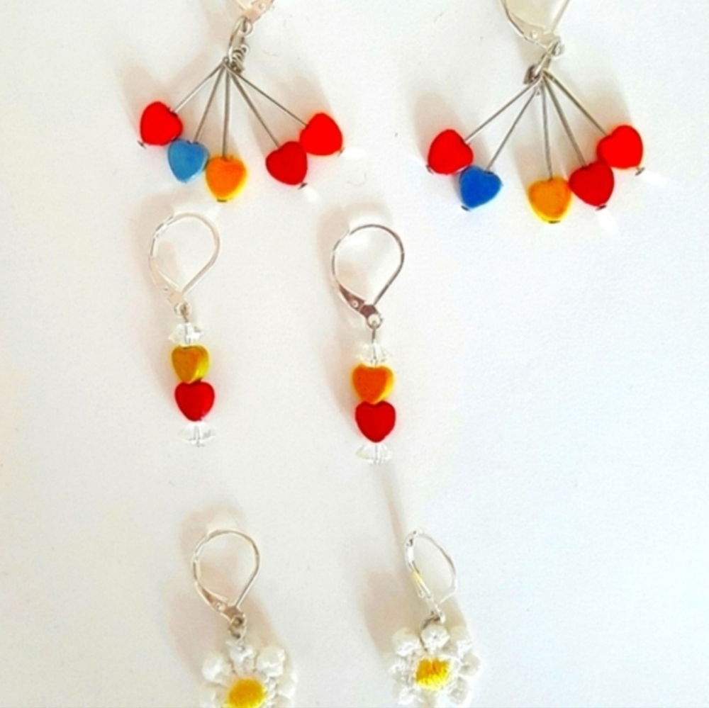 Earrings Whimsical Preppy Clamp Back Festival Pride Hearts Daisy Crystals OOAK